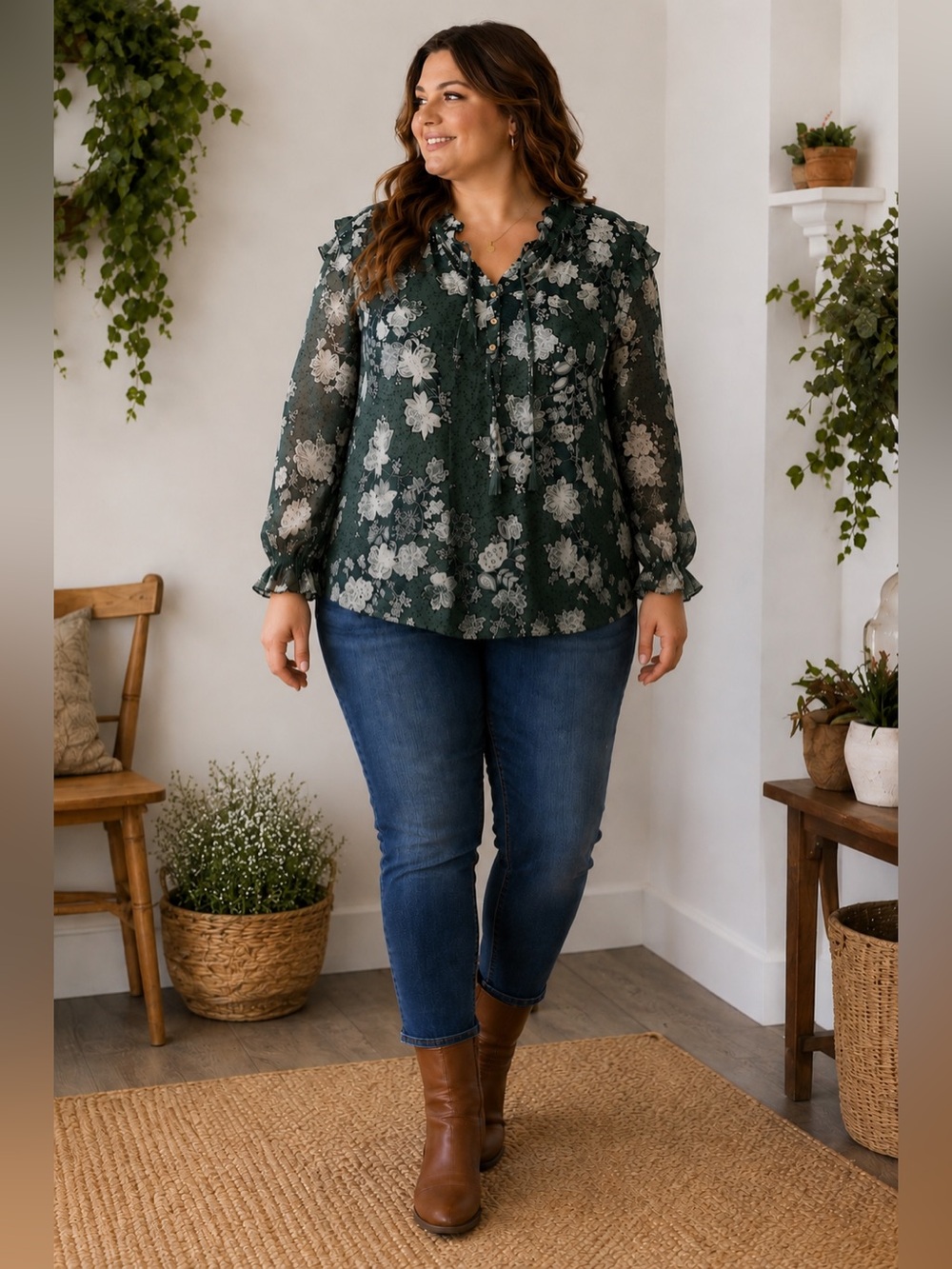 Stunning Lane Bryant Forest Green Floral Peasant Blouse | Women’s Size 22